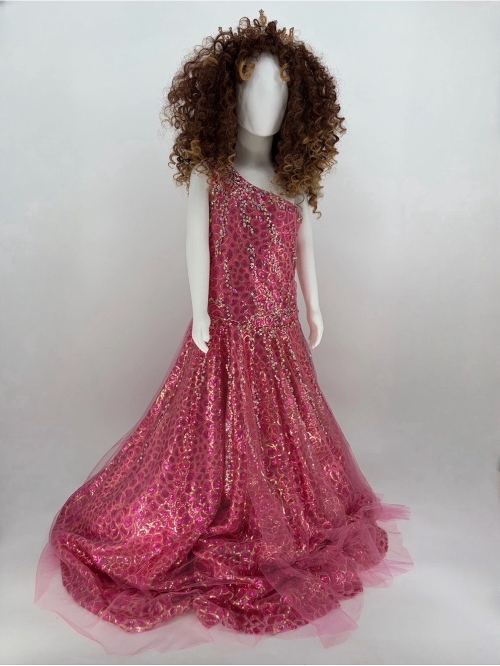 Mac Duggal Girls Hot Pink One-Shoulder Sequin Tulle Gown